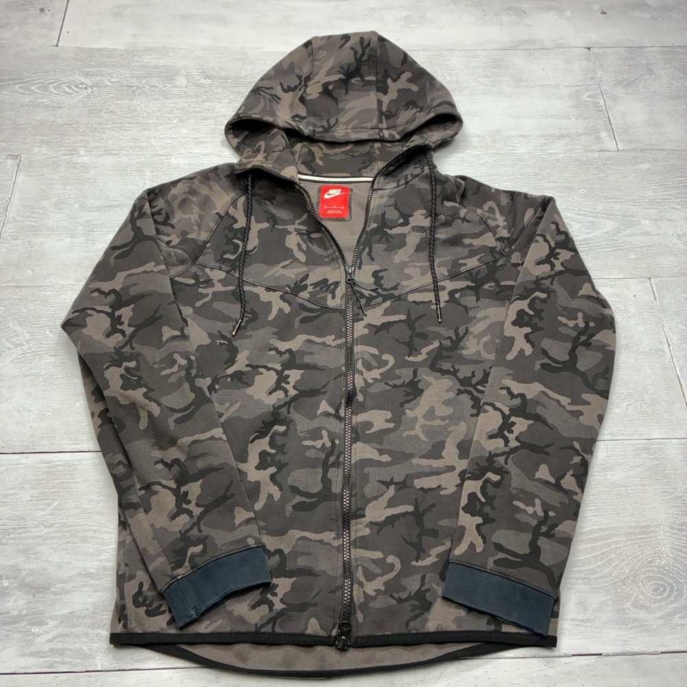 Nike Tech Fleece Hoodie Mens Medium Grey Camo Full Zip Sweatshirt 694004-233